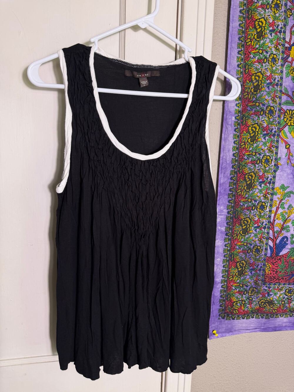 Fever Y2K Black Ruched Tank Top L White Trim Babydoll 2000s